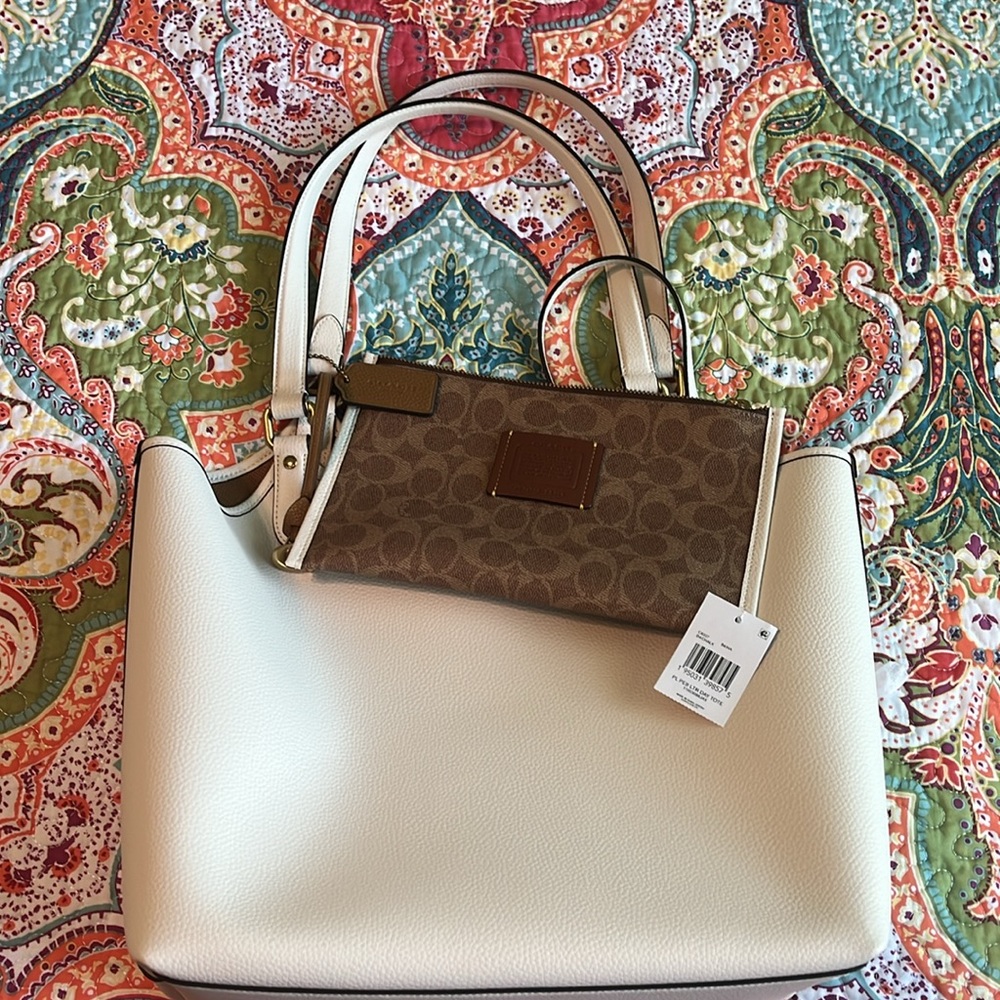 New Coach Polished Pebble Leather Day Tote Chalk and Brown with removable pouch